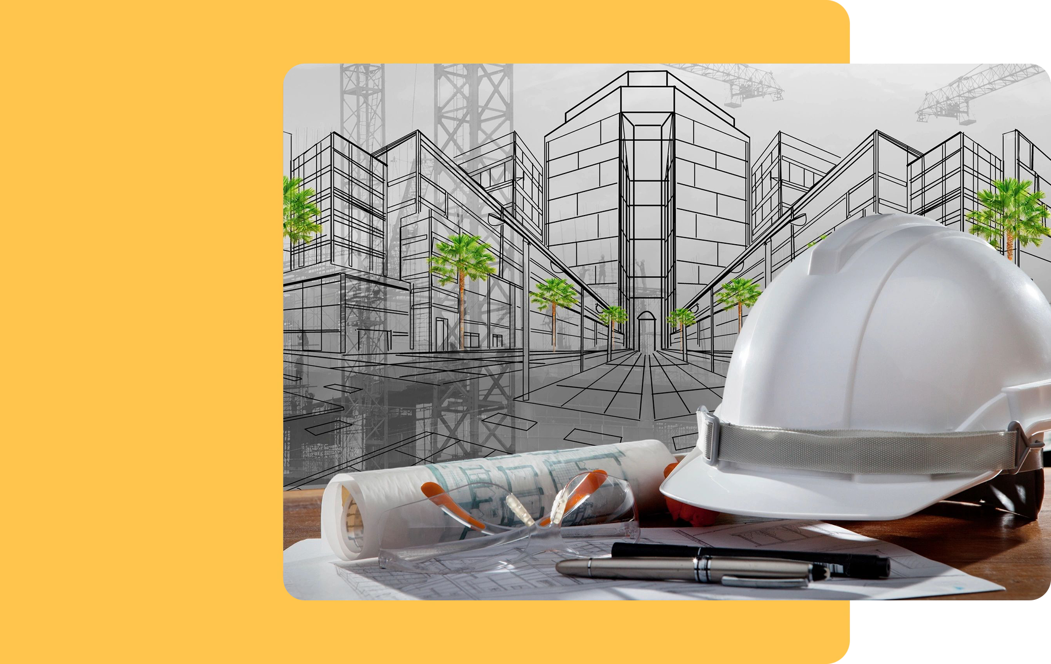 A picture of construction and building plans with a hard hat.